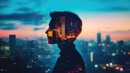 Double exposure of a young professional's silhouette and a city skyline at night, highlighting the pursuit of corporate success.の素材