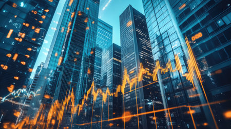 Double exposure of skyscrapers and financial graphs, depicting the connection between stock market and urban growth.の素材