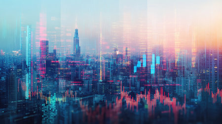 Double exposure image of financial data graphs and an urban skyline, showcasing the interplay between stock market trends and city growth.の素材