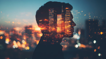 Double exposure of a young businessman's silhouette and a glowing night cityscape, highlighting the journey of career building.の素材
