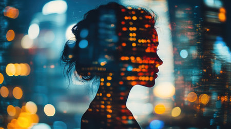 Double exposure of a young professional's silhouette and a vibrant night city, reflecting corporate life and career making.の素材