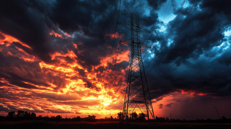 Dramatic sunset clouds and the silhouette of a towering power transmission structure. The blend of natural beauty and industrial strength.の素材
