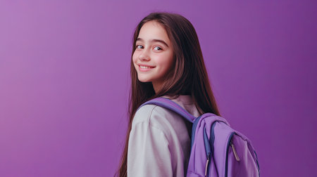 Dreamy Latin schoolgirl, wearing a backpack, looking away with a soft smile. Ideal for ads and content about education. Lilac violet background.の素材