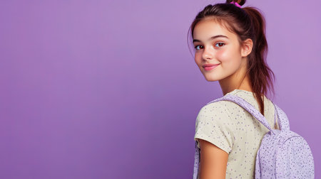 Dreamy Latin schoolgirl, wearing a backpack, looking away with a soft smile. Ideal for ads and content about education. Lilac violet background.の素材