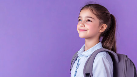 Dreamy preteen girl, smiling and looking away, wearing a school uniform and backpack. Great for advertising and educational content. Lilac violet background.の素材