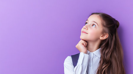 Dreamy preteen girl in school uniform, looking away with a thoughtful expression, imagining the future. Great for educational promotions. Lilac violet background.の素材