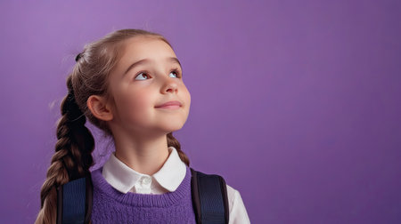 Dreamy preteen girl, wearing a school uniform and backpack, gazing off into the distance with a thoughtful smile. Ideal for educational promotions. Lilac violet background.の素材