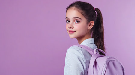 Dreamy Latin schoolgirl, gazing away with a soft smile, wearing a uniform and backpack. Perfect for educational and advertising content. Lilac violet background.の素材