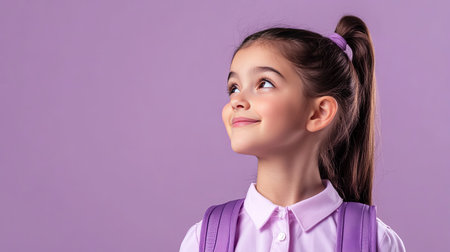Dreamy preteen girl in school uniform and backpack, smiling and looking away, lost in thought. Perfect for education and advertising themes. Isolated on lilac violet background.の素材
