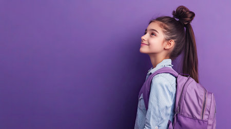 Dreamy Latin schoolgirl, wearing a backpack, looking away with a soft smile. Ideal for ads and content about education. Lilac violet background.の素材