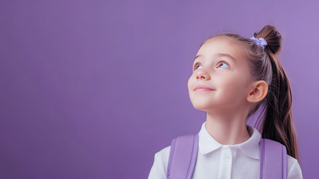 Dreamy preteen girl, wearing a school uniform and backpack, gazing off into the distance with a thoughtful smile. Ideal for educational promotions. Lilac violet background.の素材