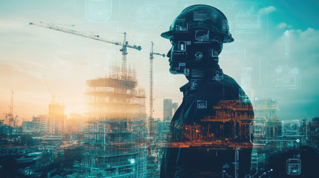 Engineer uses digital tech icons in double exposure with construction cranes, showing the future of construction.の素材