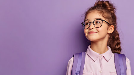 Dreamy preteen girl, wearing a school uniform and backpack, gazing off into the distance with a thoughtful smile. Ideal for educational promotions. Lilac violet background.の素材