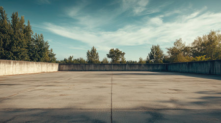 Empty cement yard with a vast, open space, ideal for multi-purpose activities like sports or storage.の素材