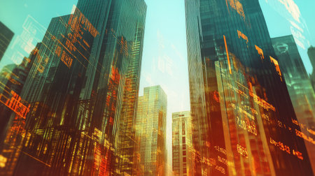 Financial charts and city skyscrapers combined in a double exposure, showcasing the connection between stock market and urban development.の素材