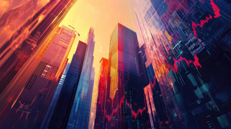 Financial graphs and urban skyscrapers merge, illustrating the integration of stock market data with city life.の素材
