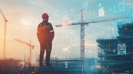 Engineer uses digital tech icons in double exposure with construction cranes, showing the future of construction.の素材
