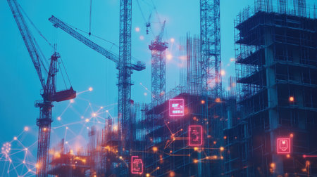 Engineering innovation: Double exposure of digital interface icons and construction cranes, highlighting smart building.の素材