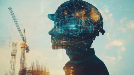 Engineer uses digital interfaces in double exposure with construction cranes, symbolizing technological advancements in construction.の素材