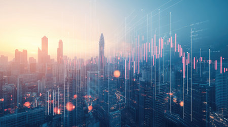 Financial data and a modern city skyline combined, representing the stock market's impact on urbanization and business development.の素材