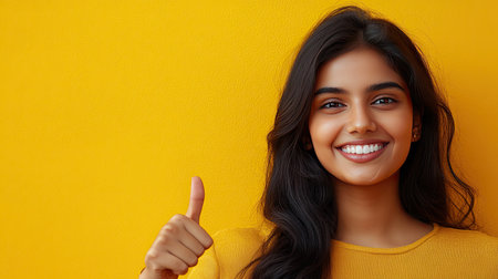 Indian woman with a confident smile, showing thumbs up and pointing right, ideal for commercial advertisements. Yellow background.の素材