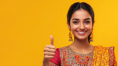 Indian woman with a cheerful expression, showing thumbs up and pointing right to an empty space. Ideal for commercial promotions. Yellow background.の素材