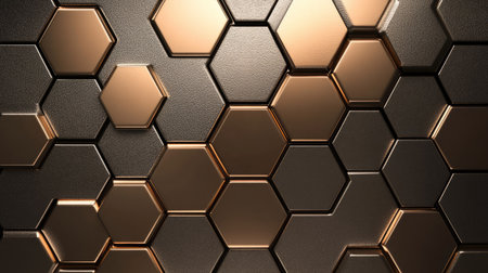 Modern 3D brown background with metallic hexagonal tiles and a soft sheen.の素材