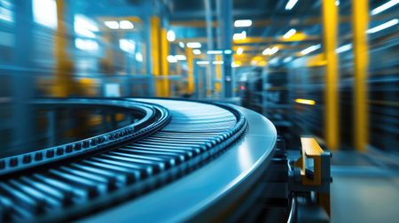 Modern conveyor belt with automated controls, part of high-tech factory equipment.の素材