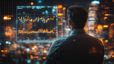 A businessman analyzing stock market data, planning for strategic investments and success in 2025.の素材