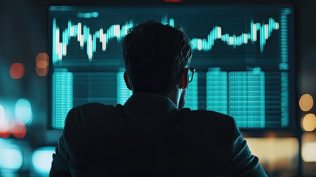 A businessman analyzing stock market charts, focusing on strategies for business advancement and success in 2025.の素材