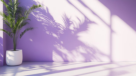 White and purple wall interior, featuring soft leaf shadows for a stylish and serene look.の素材