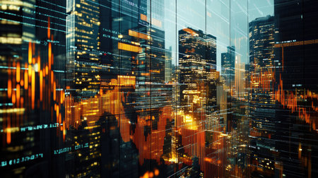 Digital financial data overlaying a cityscape, showcasing the stock market's role in shaping modern urban environments.の素材
