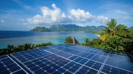 Photovoltaic panels installed on a hotel's rooftop, surrounded by island scenery, harnessing solar power.の素材
