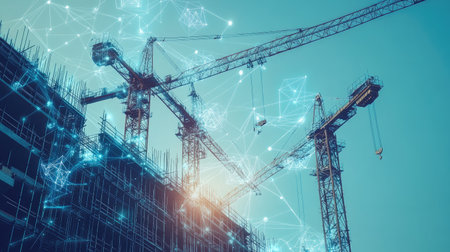 Double exposure: Construction cranes and digital tech icons, highlighting tech-enhanced engineering practices.の素材