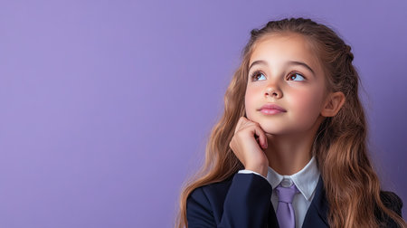 Dreamy preteen girl in school uniform, looking away with a thoughtful expression, imagining the future. Great for educational promotions. Lilac violet background.の素材