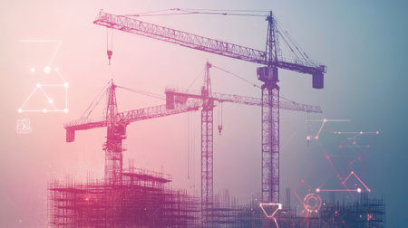 Digital tech and construction: Double exposure of interface icons and cranes, showcasing innovative engineering.の素材