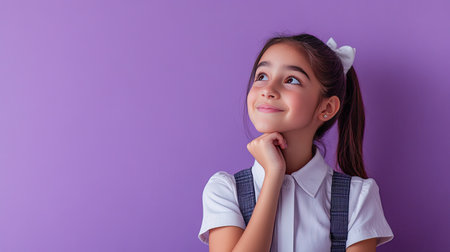 Daydreaming Latin schoolgirl in uniform, smiling and looking to the side. Ideal for advertising school-related products. Lilac violet background.の素材
