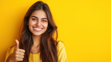 Indian woman with a confident smile, showing thumbs up and pointing right, ideal for commercial advertisements. Yellow background.の素材