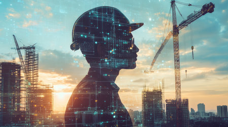 Engineer uses digital interfaces in double exposure with construction cranes, symbolizing technological advancements in construction.の素材