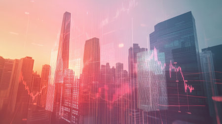 Double exposure of financial indicators and a modern skyline, representing the stock market's impact on urban areas and business growth.の素材