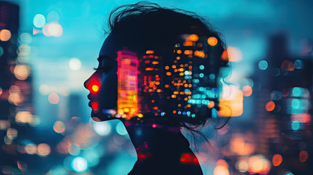 Double exposure of a young professional's silhouette and a vibrant night city, reflecting corporate life and career making.の素材