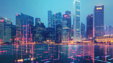 Financial data and a modern city skyline combined, representing the stock market's impact on urbanization and business development.の素材