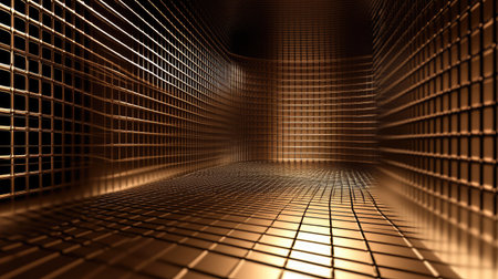 Modern 3D brown background with a metallic grid pattern and warm reflections.の素材