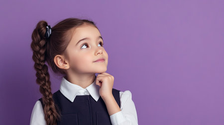 Dreamy preteen girl in school uniform, looking away with a thoughtful expression, imagining the future. Great for educational promotions. Lilac violet background.の素材