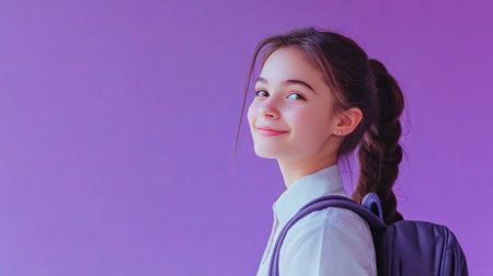 Dreamy schoolgirl, wearing a uniform and backpack, smiling softly and looking off into the distance. Perfect for promotional content. Lilac violet background.の素材