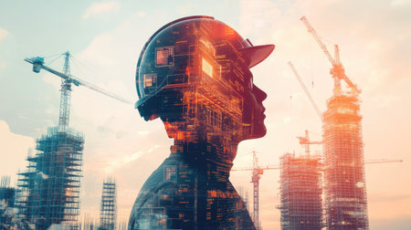 Engineer uses digital interfaces in double exposure with construction cranes, symbolizing technological advancements in construction.の素材