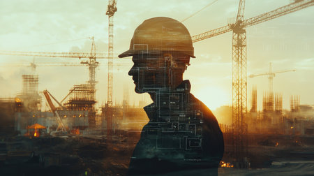 Engineer uses digital interfaces in double exposure with construction cranes, symbolizing technological advancements in construction.の素材