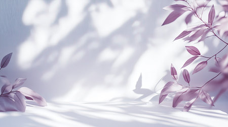 White and purple studio backdrop with soft shadow leaves, ideal for product display and text insertion.の素材