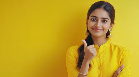 Confident Indian woman showing thumbs up and pointing to the right, inviting attention to the ad space. Great for promotional material. Yellow background.の素材