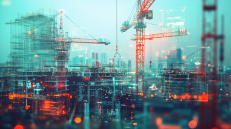 Digital tech meets construction: Double exposure of interface icons and cranes, highlighting modern engineering. No urban backdrop.の素材